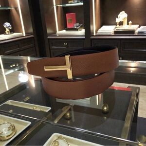 Tom Ford Brown & Black Reversible Leather Belt Gold T Buckle Incl Box & Dust Bag